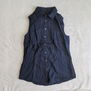 Talbot's Collared Button Up Navy Blue Linen Tank Blouse Small Pockets